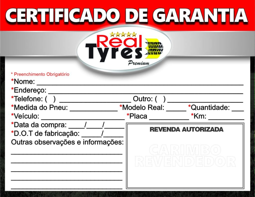 Certificado de Garantia Pneu Real Tyres Premium PG5